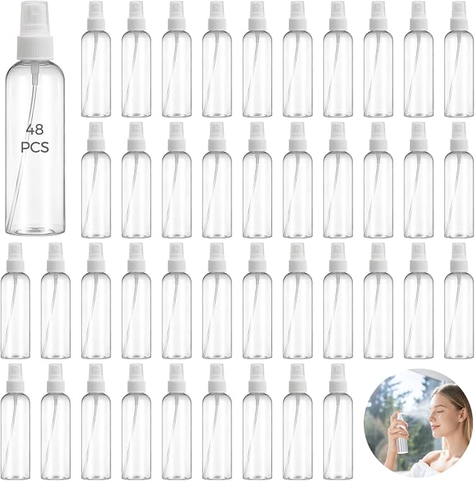 OMISTAR 48 Pcs 4 oz Plastic Spray Bottles - 120 ML Travel Size, Fine Mist Sprayers, Ideal for Perfumes, Cosmetics, Cleaning Solutions, and More, WhiteClear