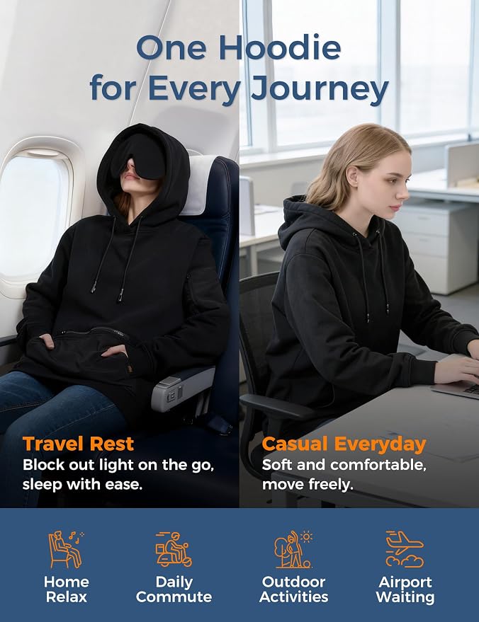 Travel Hoodie with Built-In Eye Mask for Airplane Travel Breathable Comfort Pullover Sweatshirt Multiple Pockets