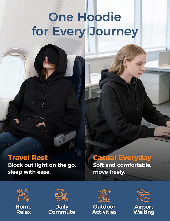 Travel Hoodie with Built-In Eye Mask for Airplane Travel Breathable Comfort Pullover Sweatshirt Multiple Pockets
