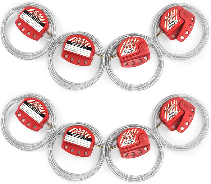 QWORK Lockout Tagout Cable Lock, 8 Pack Adjustable Steel Vinyl Coated Cable Lockout, 3/16" Diameter, 5.9' Length, Red