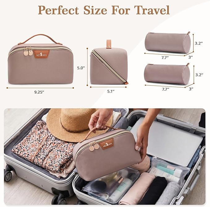 Travel Makeup Bag for Women: 3-in-1 Large Capacity Cosmetics Organizer with 2 Detachable Pouch - Vegan Leather Flat Open Toiletry Bag - Portable Travel Essentials for Full-Sized Bottles(Grey)