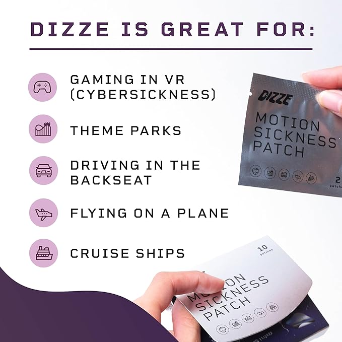 Dizze Motion Sickness Patches for Cruise & Travel – Non Drowsy Nausea Patch with Ginger – Sea Sickness Relief for Boats, Cars, Flights, Gaming – Motion Sickness Patches for Kids & Adults (10 Count)