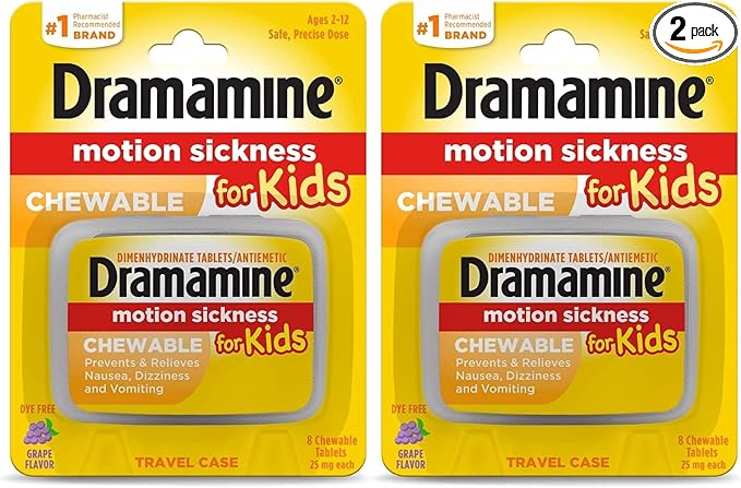 Dramamine Motion Sickness Relief for Kids, Children’s Chewable Tablets, Grape Flavor, Prevents Nausea Dizziness Vomiting, Travel Case Included, Fast Acting, 8 Count (Pack of 2)