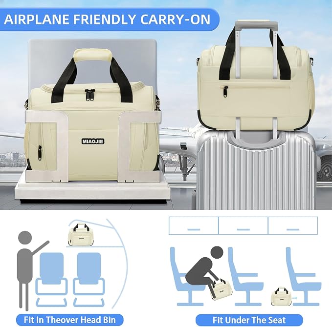 Underseat Carry On Luggage Lightweight Travel Tote Weekender Bag Overnight Duffle Bag for Travel, Travel Essentials Personal Item Travel Bag for Women and Men, Beige-16Inch