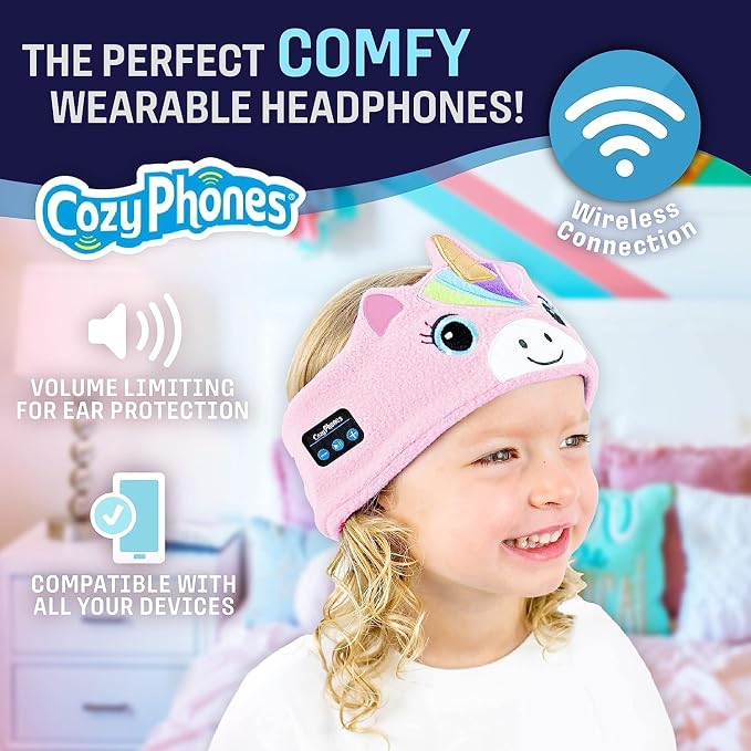 Toddler Headphones Wireless, Kids Bluetooth Earphones, Safe Volume - Wired School Headphones for Kids with 3.5 MM Jack and Travel Bag - Toddler Airplane Accessories for Boys & Girls - Purple Unicorn