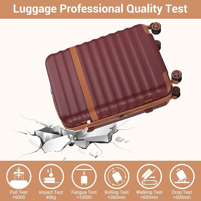 Kono Luggage Set 3 Pieces Expandable PC ABS Durable Suitcase Hardside with Double Spinner Wheels Tsa Lock Burgundy(20in/24in/28in)