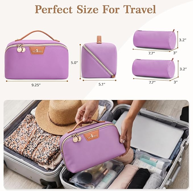 Travel Makeup Bag for Women: 3-in-1 Large Capacity Cosmetics Organizer with 2 Detachable Pouch - Vegan Leather Flat Open Toiletry Bag - Travel Essentials for Full-Sized Bottles(01-Purple)