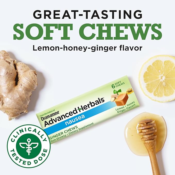 From the Makers of Dramamine, Advanced Herbals, Ginger Chews, Nausea Relief Soft Chews Lemon-Honey-Ginger, 6 Count, 12 Pack