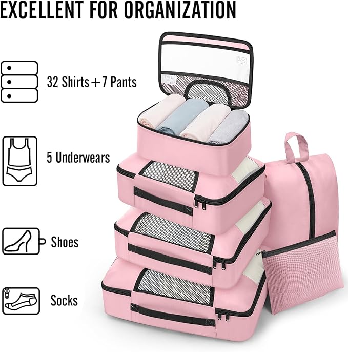Veken 8 Set Packing Cubes for Travel Essentials, Suitcase Organizer Bags in 4 Sizes, Carry-On Luggage Accessories with Large Laundry Bag & Passport Holder, Must-Have for Airplane, Road Trip & Camping