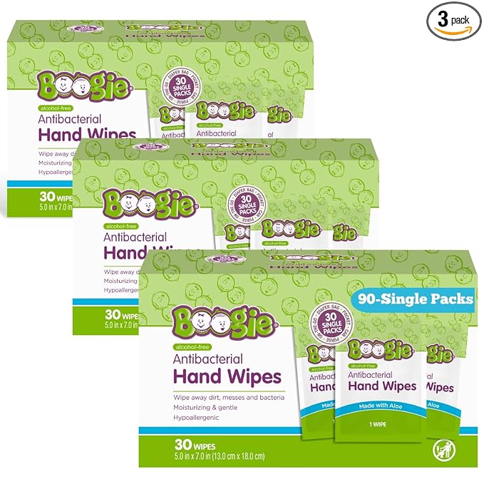 Boogie Antibacterial Hand Wipes - 90 Count - Hypoallergenic & Alcohol-Free - Individually Wrapped - Travel and Diaper Bag Essential