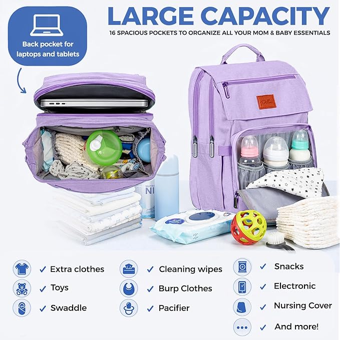 Baby Shower Gifts for Mom - Diaper Bag Backpack - 16 Organizer Pockets Baby Diaper Bag w/ Insulated Bottle Holders & Wipes Pocket, Large Capacity Baby Bag Backpack - Waterproof & Easy to Clean, Purple