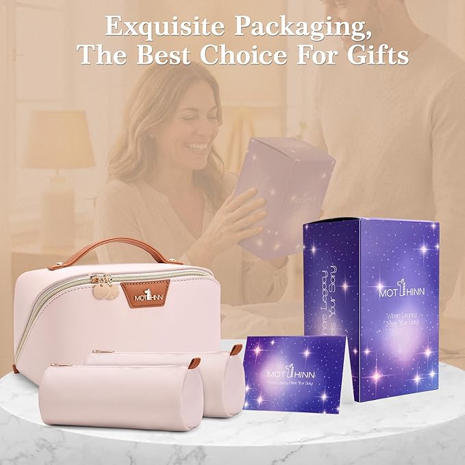 Travel Makeup Bag for Women: 3-in-1 Large Capacity Cosmetics Organizer with 2 Detachable Pouch - Vegan Leather Flat Open Toiletry Bag - Travel Essentials for Full-Sized Bottles(White)