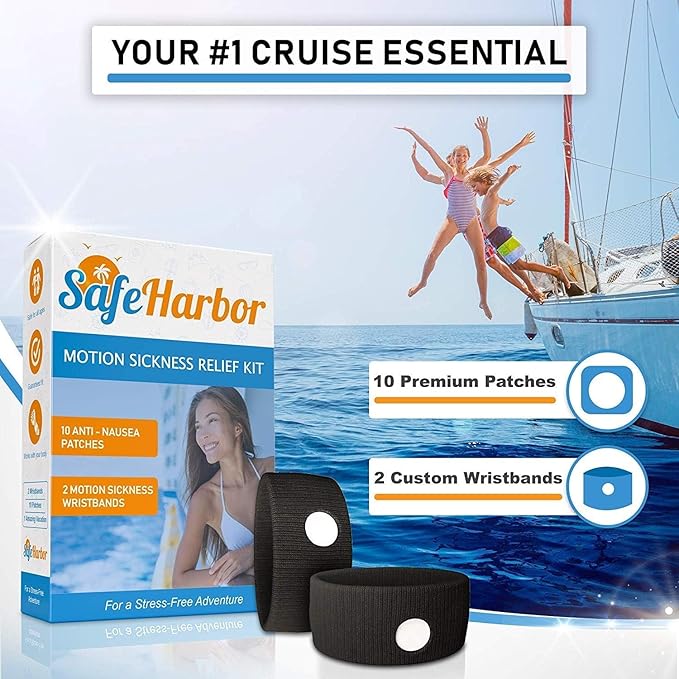 Sea Sickness Kit for Cruise | Motion Sickness Wristbands + Ginger Patches | Non Drowsy Nausea Relief for Adults, Kids | Alaska Cruise Essentials, Travel Kit for Car, Airplane | 2 Bands + 10 Patches