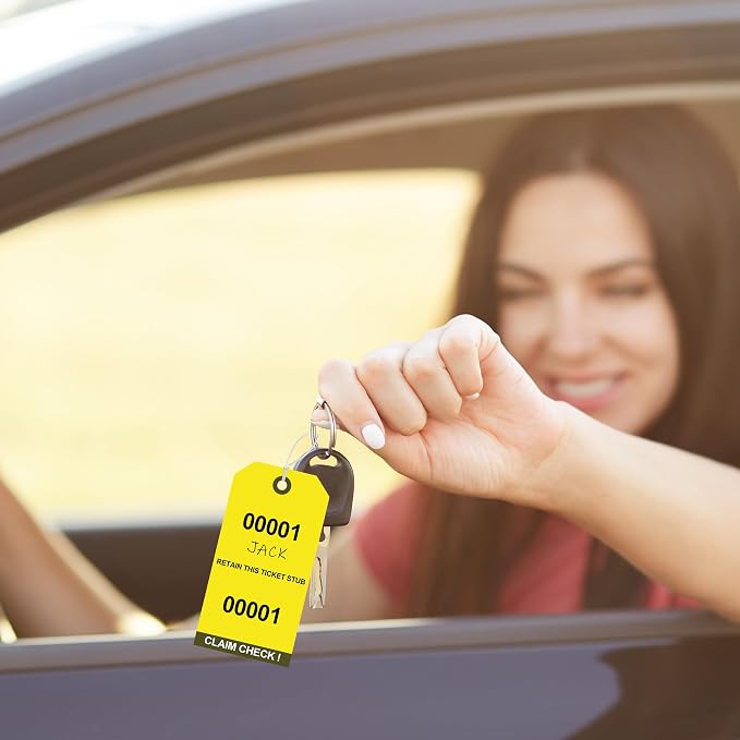 500 Pcs Duplicate Auto Park Tags (Numbered 1-200) 4.72" x 2.36" Inch Valet Parking Tickets with Strings Claim Check Tags with Marker for Valet Coat Check and Hotel Luggage Tags (500, Yellow)