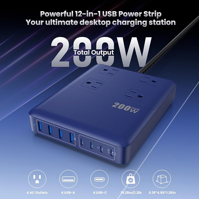 200W Charging Station,12-in-1 USB C Power Strip with Flat Plug and 5ft Extension Cord,4 AC Outlets,4 USB-A,4 USB-C Ports for iPhone 17/16/15,65W PD Fast Laptop Charger for MacBook,Home,Office (Blue)
