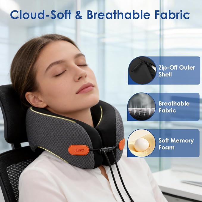 jiaao Travel Pillow Memory Foam Neck Pillow for Airplanes with Adjustable Neck Support, Includes Eye Mask, Earplugs & Storage Bag - Perfect for Flights, Road Trips, and Trains