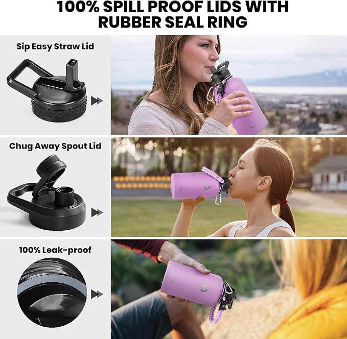 RAYMYLO Insulated Water Bottle 64 oz, Triple Wall Vacuum Stainless Steel (Cold for 48 Hrs), Leak Proof & Non-BPA, Half Gallon Water Flask Jug with Paracord Handle & Straw Spout Lids, Lilac