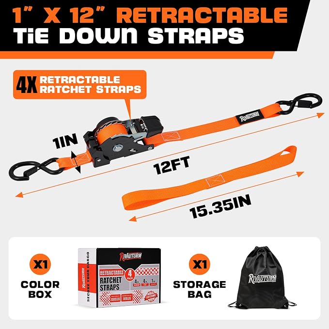 4 Pack Retractable Ratchet Straps with S Hooks, 1 Inch x 12 Feet(1500LBS Break Strength) Heavy Duty Auto Self Retracting Tie Down Straps for Truck, Cargo Trailer, Motorcycle, ATV, UTV & More -Orange