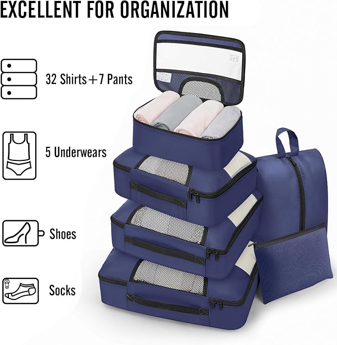 Veken 8 Set Packing Cubes for Travel Essentials, Suitcase Organizer Bags in 4 Sizes, Carry-On Luggage Accessories with Large Laundry Bag & Passport Holder, Must-Have for Airplane, Road Trip & Camping