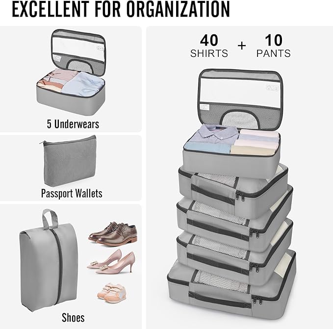 Veken 10 Set Packing Cubes for Travel Essentials, Suitcase Organizer Bags in 4 Sizes, Carry-On Luggage Accessories with Large Laundry Bag & Passport Holder, Must-Have for Airplane, Road Trip & Camping