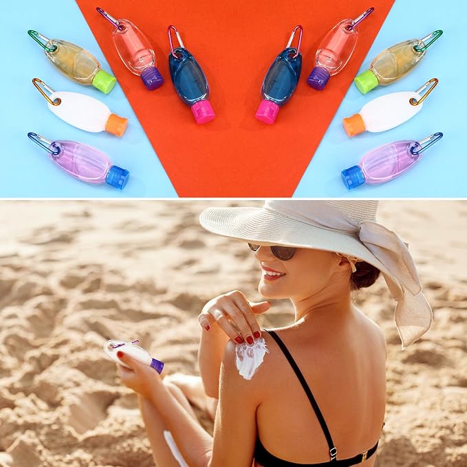 Yalikop 100 Pcs Traveling Bottles with Keychain 1oz Clear Plastic Keychain Bottle Leakproof Refillable Keyring Container Liquid Packing Container Portable Bottle with Colorful Lids for Liquid Cream