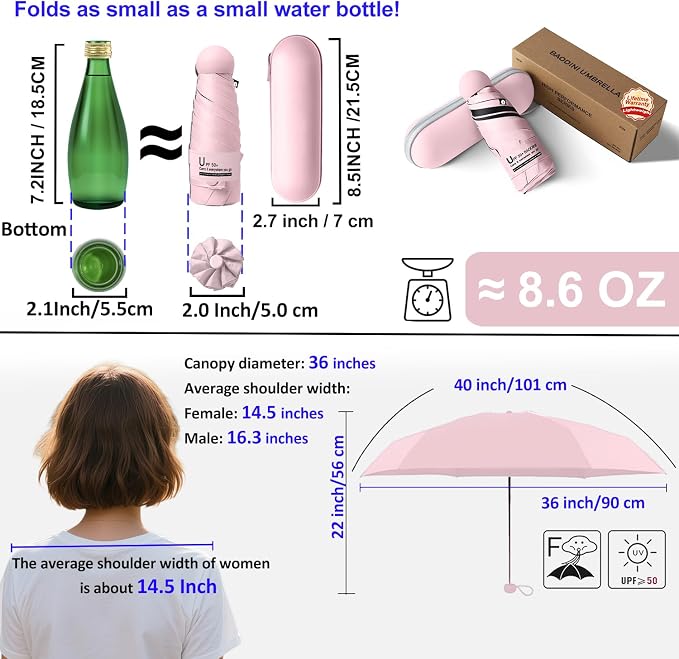 BAODINI Travel Essentials Mini Umbrella for Purse With Case Small Compact UV Sun Protection Lightweight Tiny Pocket Manual Open Close Umbrella for Women Kids and Men Fits Purse Backpack