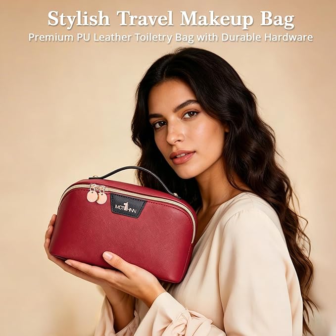 Travel Makeup Bag for Women: 3-in-1 Large Capacity Cosmetics Organizer with 2 Detachable Pouch - Vegan Leather Flat Open Toiletry Bag - Portable Travel Essentials for Full-Sized Bottles(Red)