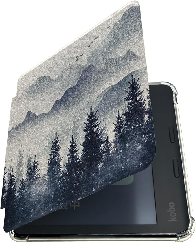 Folio Leather Case for 7" Kobo Libra Colour (2024) eReader - Ultra-Thin Enhanced Auto Sleep/Wake Cover with Transparent TPU Back, Magnetic Closure, Stylus Holder (Misty Forest)