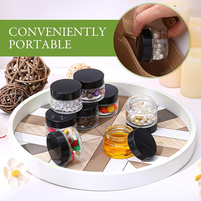 Domensi 100 Pcs 1oz Glass Jars with Lids Bulk Small Glass Salve Tins Cream Container Cosmetic Jars for Travel Balm with Inner Liners for Sample Cream (Clear,Black Lid,Plastic Lid)