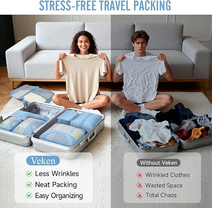 Veken 10 Set Packing Cubes for Travel Essentials, Suitcase Organizer Bags in 4 Sizes, Carry-On Luggage Accessories with Large Laundry Bag & Passport Holder, Must-Have for Airplane, Road Trip & Camping