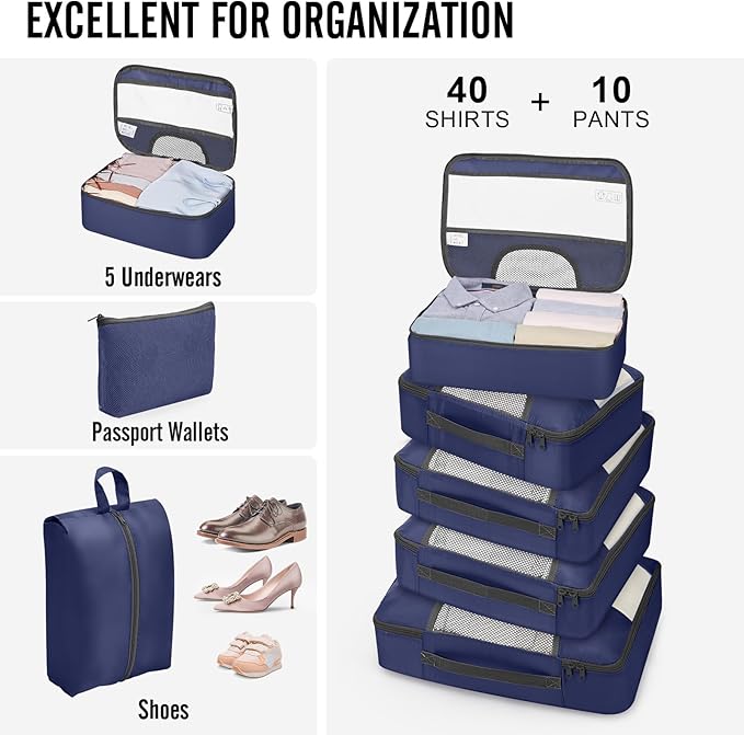 Veken 10 Set Packing Cubes for Travel Essentials, Suitcase Organizer Bags in 4 Sizes, Carry-On Luggage Accessories with Large Laundry Bag & Passport Holder, Must-Have for Airplane, Road Trip & Camping