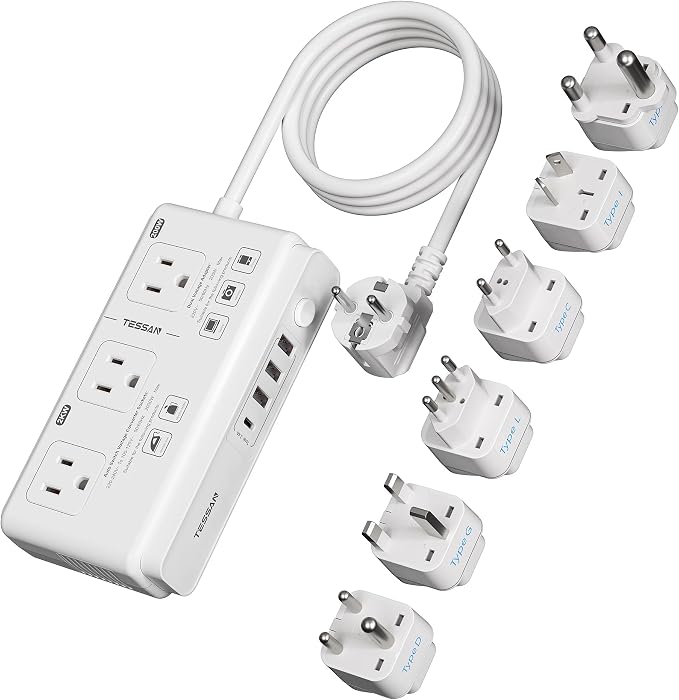 TESSAN Voltage Converter US to Europe 220 to 110, Universal Travel Adapter Voltage Converter with 4 USB Ports (1 USB C), 3 AC and EU UK AU IT in ZA Plug Power Adapter, Step Down Transformer, 4 FT