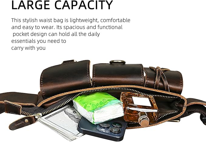 Water Resistant Canvas + Leather Hiking Riding Travel Fanny Waist Pack Small Phone Pouch For Men Women FB811-29 (100% Leather-The 341 Coffee)