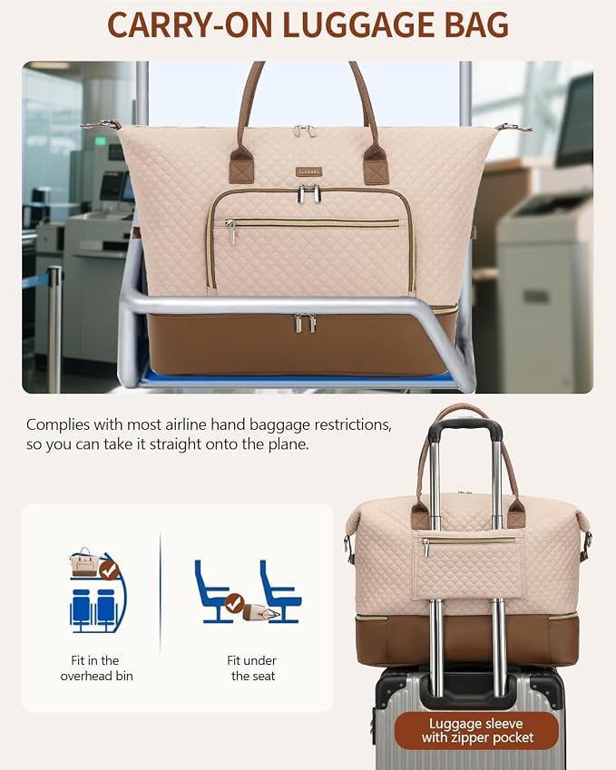 Weekender Bags for Women Travel, Under Seat Carry On Bags for Airplanes Overnight Bag with Shoe Compartment Luggage Sleeve, Foldie Travel Tote Bag Hospital Bag, Travel Gifts, Nude Brown