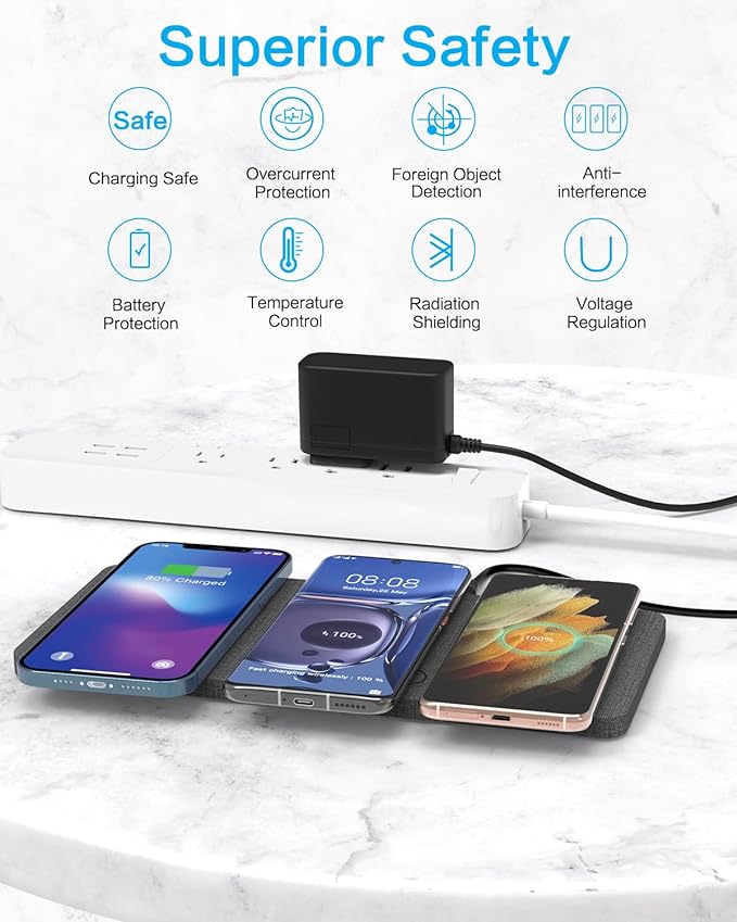 ZealSound Wireless Charging Pad, 3 in 1 Charger Mat for iPhone, Samsung Galaxy, Pixel, AirPods & Galaxy Buds, 24W Adapter Included, Ultra Slim, Case Friendly, PU Leather, Home Office & Travel, Gray