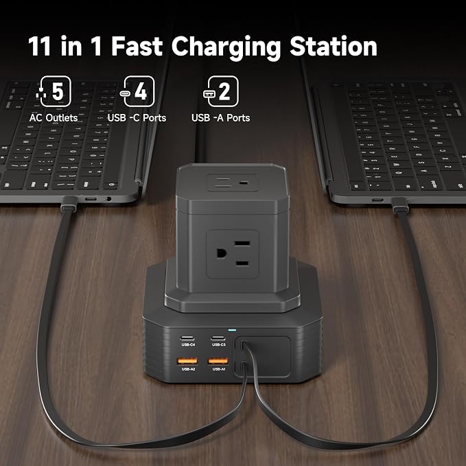 Charging Station (100W), 11-in-1 USB C Power Strip with Surge Protection, 6.6Ft Extension Cord, 4 USB C and 2 USB A Ports, 5 AC Outlets for Home Office Dorm Room