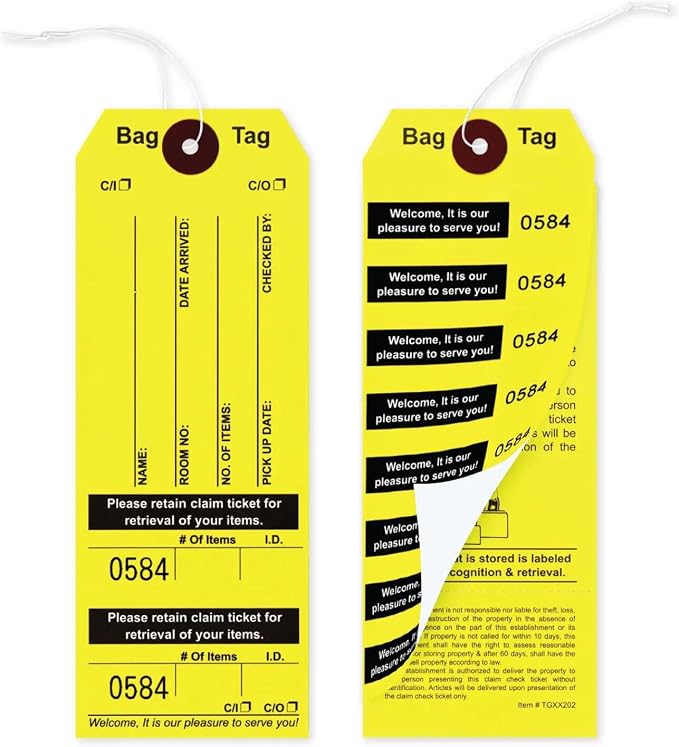 1000 Yellow Bag Claim Check Tags with Elastic String, Printed in Black Ink with 8 Labels & Matching Numbers for Multiple Bags. Hotel Bag Tags for Organizing Luggage. Size: 6 3/4" (H) x2 1/2" (W).