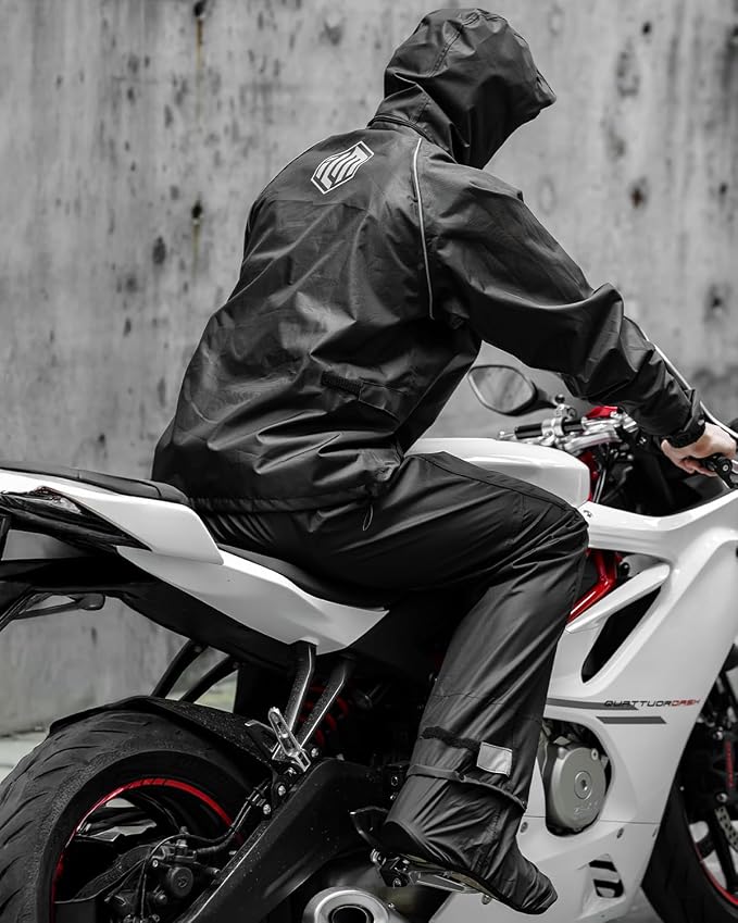 ILM Motorcycle Rain Suit for Men 2 Piece Waterproof Jacket and Pants Hidden Shoe Cover Breathable Reflective Model RS03