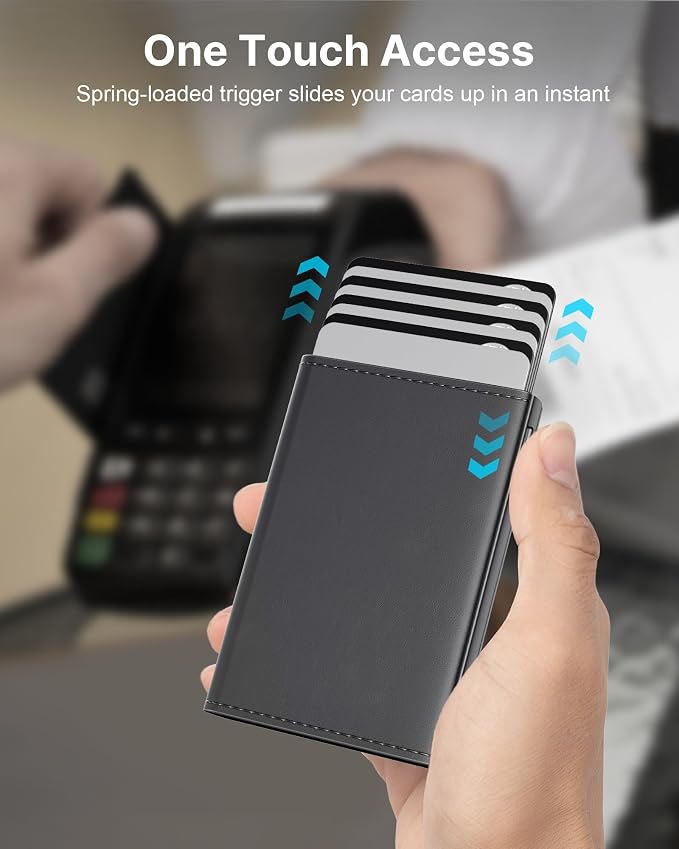 typecase Mens Wallet Card Holder: Pop Up Aluminum Case, Premium Genuine Leather, Smart, RFID Blocking, Slim, Minimalist, Front Pocket - 9-14 Cards Capacity | ID Window | Cash Slot (Deep Grey)