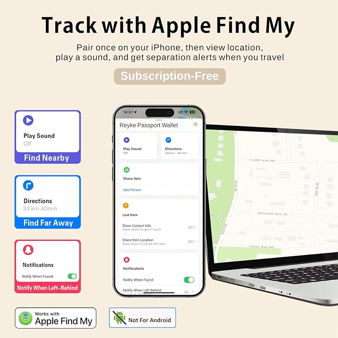 Reyke Passport Holder for Travel with Built-in Tracker, Works with Apple Find My (iOS Only), No Charging Required, Up to 5 Years Battery Life, RFID Blocking Passport Cover Wallet for Men &Women