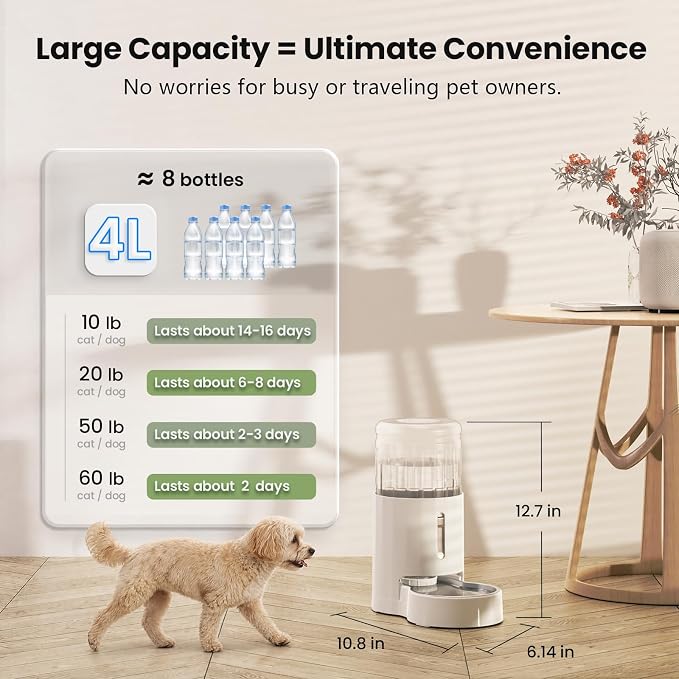 CZPET Dog Water Bowl Dispenser 4L, Wider Mouth & Upgraded Brush for Easy Cleaning Automatic Cat Gravity Refilling Waterer with Removable Stainless Steel Bowl, Large Drinking Area for Multi-Pet (White)