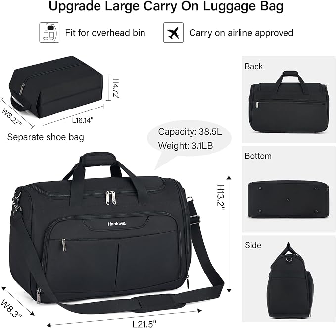 Hanke Carry On luggage Bags for Travel, Large Foldable Duffle Bag for Travel, Softside Lightweight Travel Bag Carry On Bags for Airplanes Women, Travel Tote Bags for Women Men.（Black）