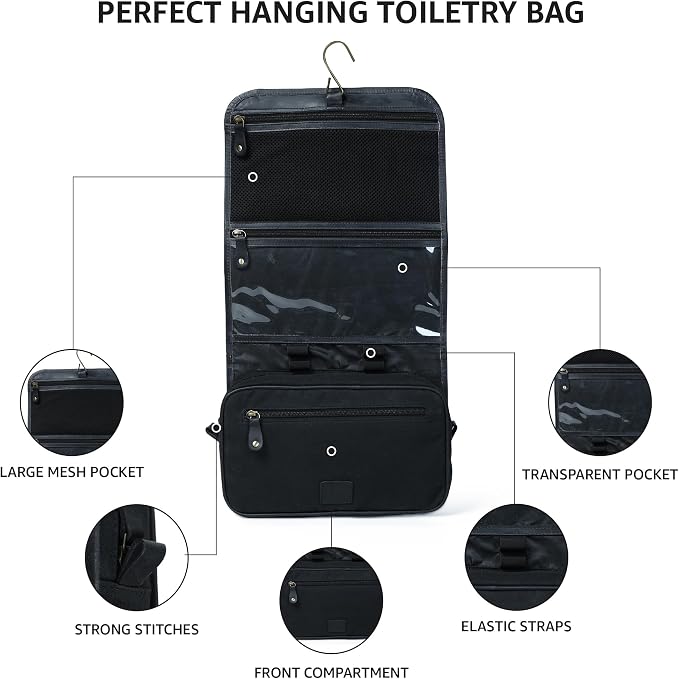 LEATHER VILLAGE Hanging Genuine Leather Toiletry Bag for Men & Women with Waterproof Lining – Handcrafted Vintage Travel Dopp Kit, Shaving Organizer & Shower Bathroom Essentials Case - Black