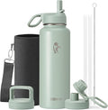 Coolflask Water Bottle 40 oz Insulated with Straw, Stainless Steel Metal 3 Lids Water Flask for Sports or Office, Keep Cold 48H Hot 24H, Grey Green