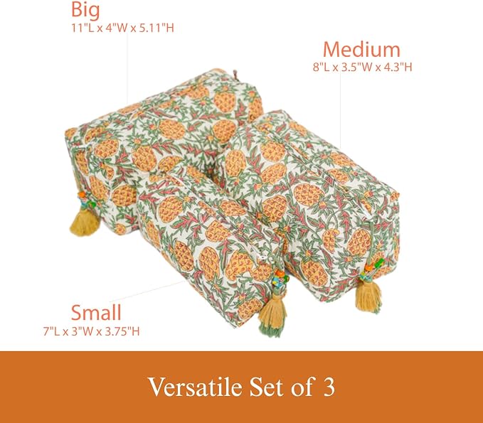Saffron Marigold Quilted Makeup Bag Set of 3, Hand Block Printed Cotton Cosmetic Bags for Women, Waterproof Lined Travel Toiletry Bag, Coquette Aesthetic, Handmade Gift, Pineapple Grove