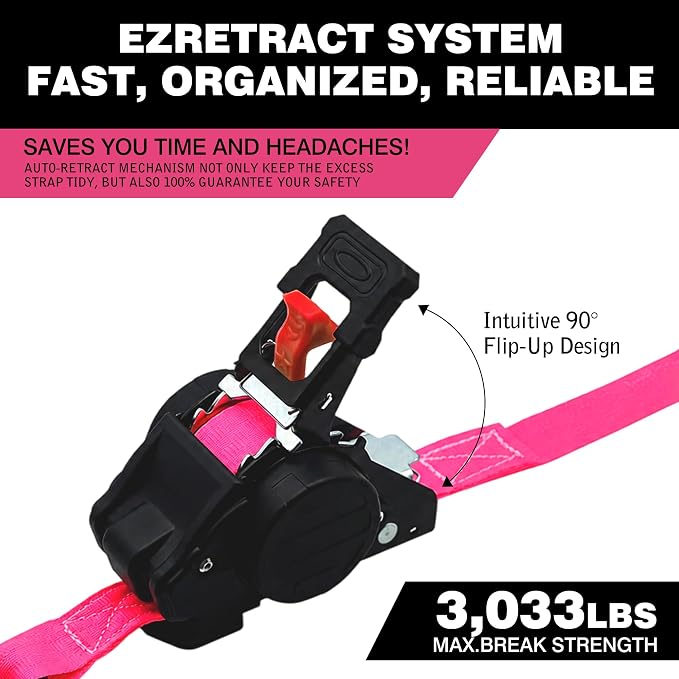 Retractable Ratchet Straps 1" x 13Ft, Heavy Duty Self Retracting Tie Down Straps, 1800lb Break Strength Auto Retract Cargo Straps for Truck, Trailer, Motorcycle, ATV, UTV, (Pink, 4 Pack)