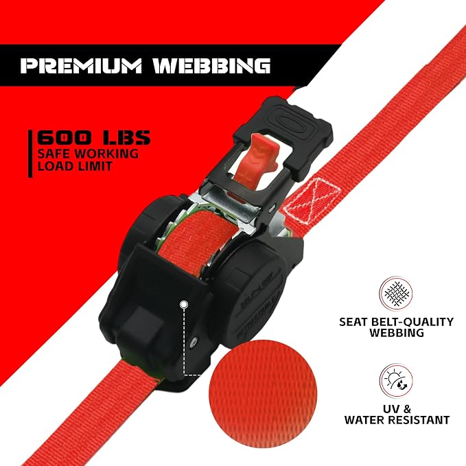 Retractable Ratchet Straps 1" x 13Ft, Heavy Duty Self Retracting Tie Down Straps, 1800lb Break Strength Auto Retract Cargo Straps for Truck, Trailer, Motorcycle, ATV, UTV, (Red, 2 Pack)
