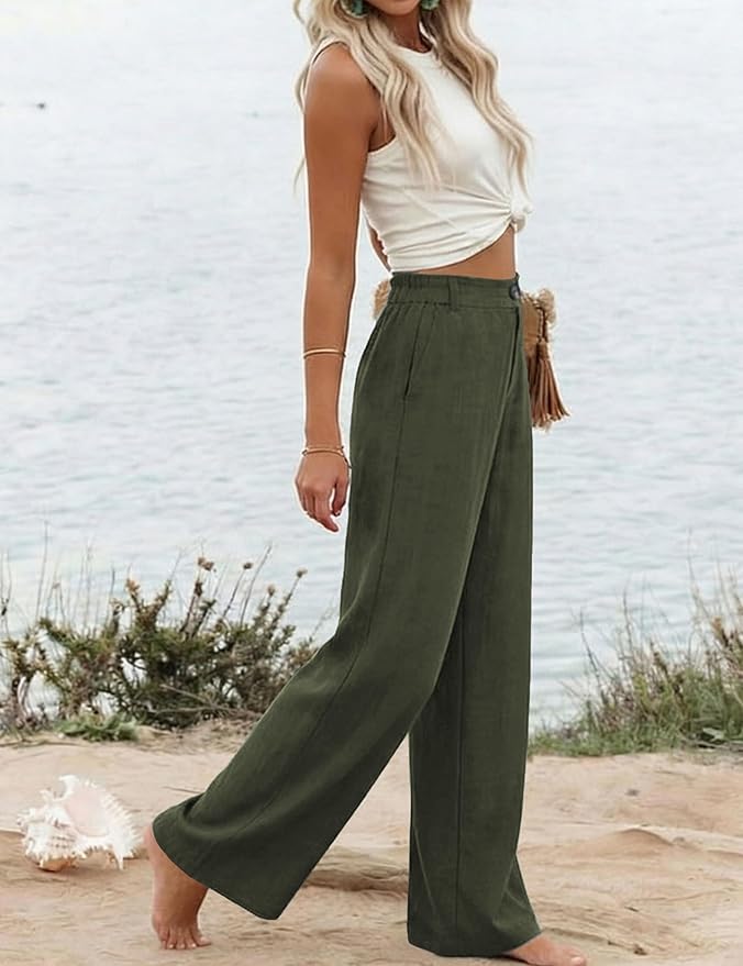Hooever Womens Cotton Linen Pants Casual Button Up High Waisted Wide Leg Trousers