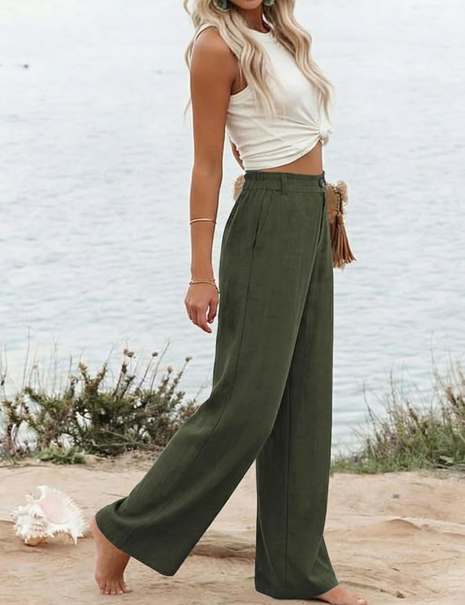 Hooever Womens Cotton Linen Pants Casual Button Up High Waisted Wide Leg Trousers