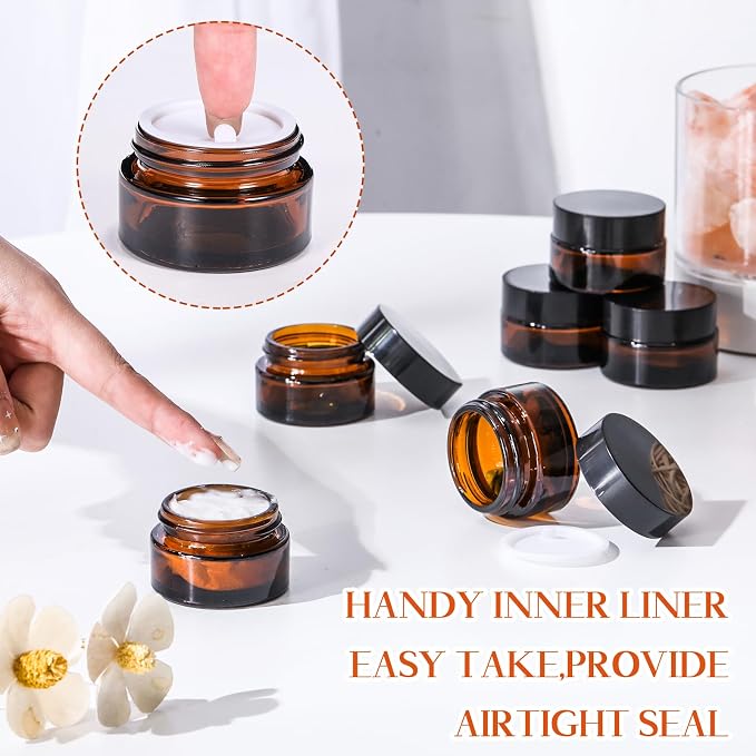 Domensi 60 Pcs 1oz Glass Jars with Lids Bulk Small Glass Salve Tins Cream Container Cosmetic Jars for Travel Balm with Inner Liners for Sample Cream (Amber,Black Lid,Plastic Lid)